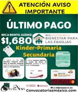 ¡ATENCIÓN RECIBE TU ULTIMO PAGO! $1,680 Beca para el Bienestar Benito Juárez de Educación Básica