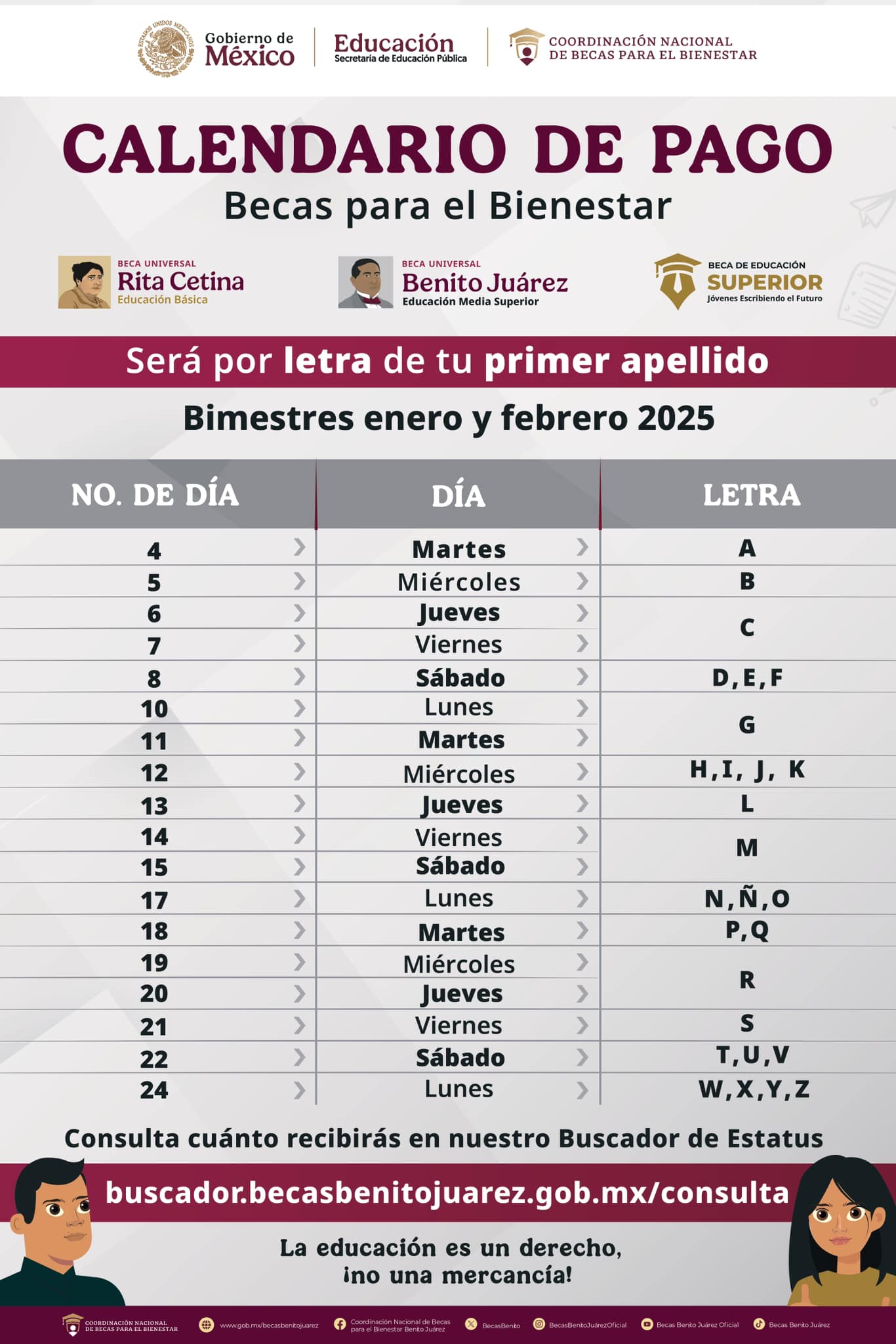 CALENDARIO OFICIAL DEL PAGO DE LA BECA BENITO JUÁREZ