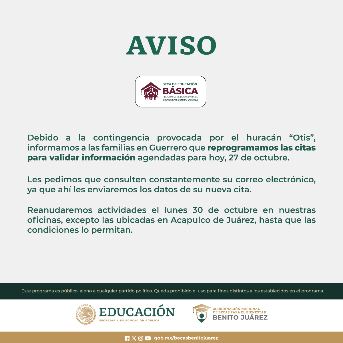 Comunicado Oficial Emitido por la Coordinación Nacional de Becas para el Bienestar Benito Juárez, Octubre 2023