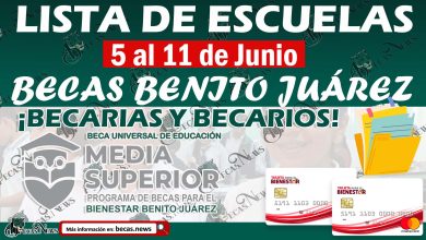 Becas Benito Juárez; Lista de Escuelas con atención entrega de Tarjeta Bienestar 5 al 11 de junio