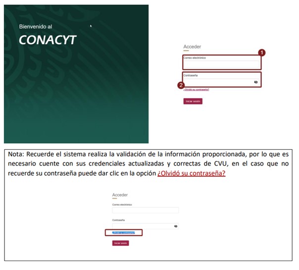 Imagen 2: para iniciar sesión, es necesario ingresar el mismo usuario y contraseña que se utiliza para acceder a sistema CVU del CONACHYT.