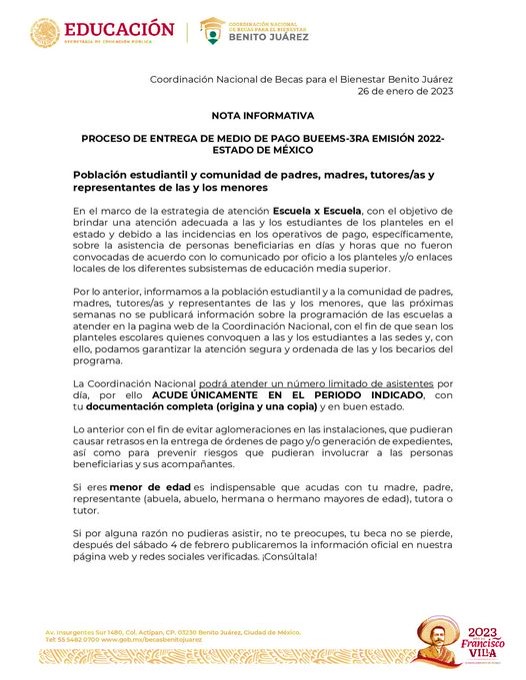 Comunicado Oficial Publicado por la Coordinación Nacional de Becas para el Bienestar Benito Juárez