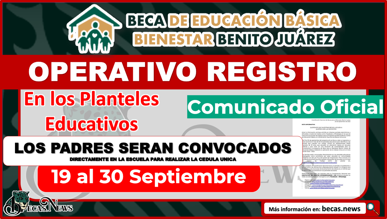 ¡ATENCION PADRES DE FAMILIA! REGISTRO 19 al 30 de septiembre Becas Benito Juárez Educación Básica; Mantente al pendiente de tu Institución