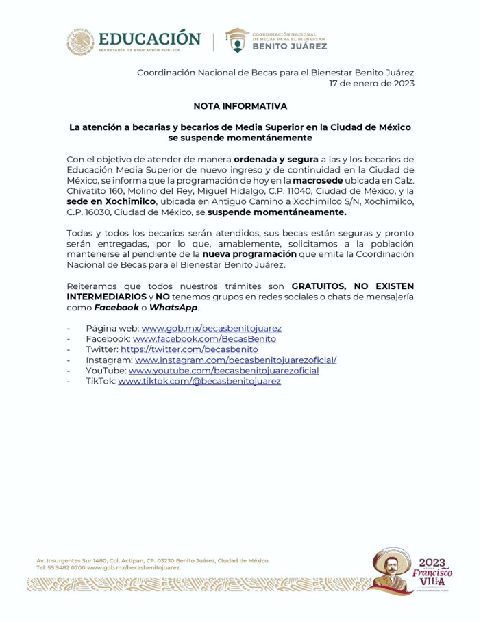 Comunicado Oficial emitido por la Coordinación Nacional de Becas para el Bienestar Benito Juárez 