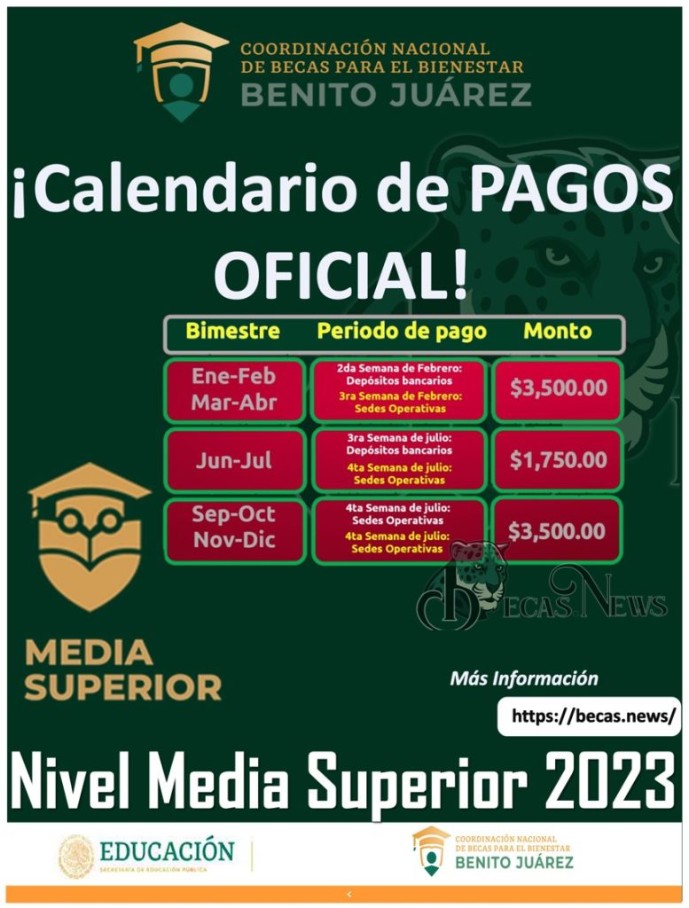 Calendario de pagos OFICIAL de Nivel Media Superior 2023.