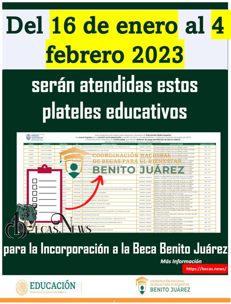 Del 16 de enero al 4 de febrero serán atendidas estos plateles educativos para la Incorporación a la Beca Benito Juárez.