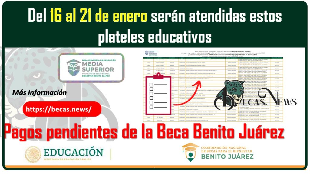 Becarios de nuevo ingreso y continuidad con pagos pendientes del 16 al 21 de enero se atenderán estas instituciones educativas.