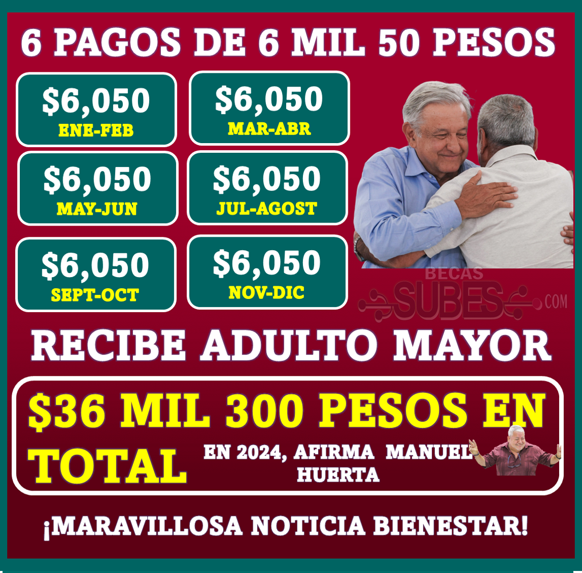 ¡Maravillosa NOTICIA bienestar! Adultos Mayores recibirán 36 mil 300 pesos en total en 2024: 6 pagos de 6 mil 50 pesos, afirma Manuel Huerta ¡Muchas felicidades por su 25 % más de pensión!